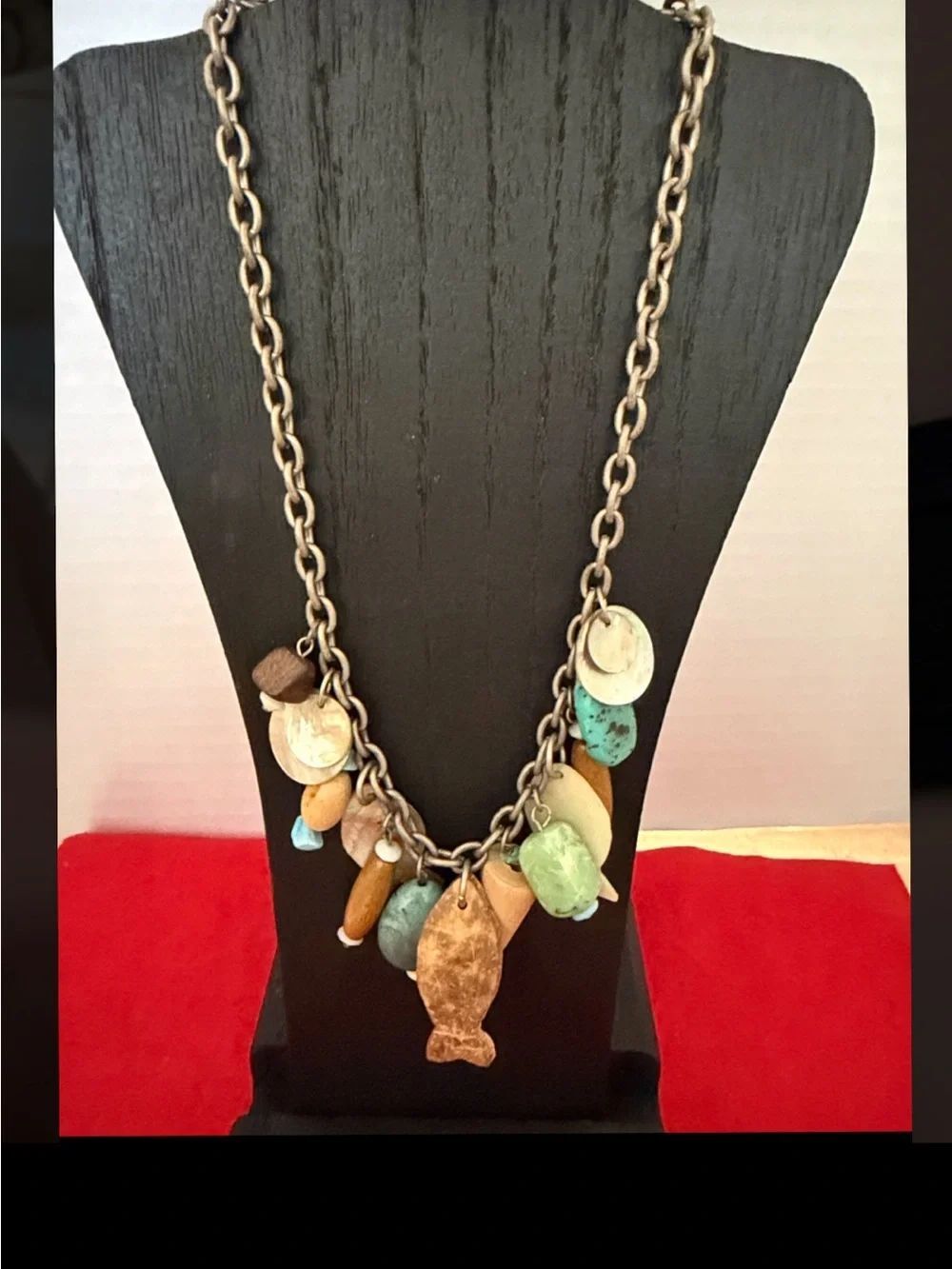 YOUSI Handmade Mixed Stone & Metal Fish Charm Necklace in Turquoise and Brown